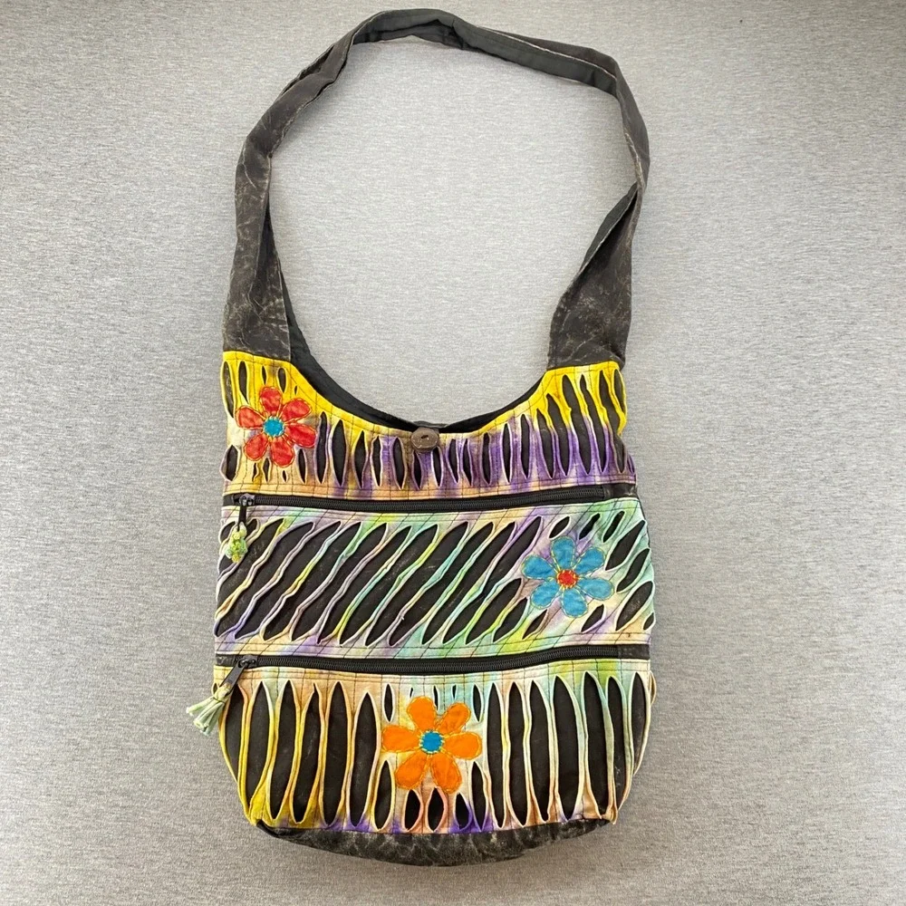 Boho Hippie Hobo Crossbody Bag Floral Embroidered Shoulder Button /Zip Closure